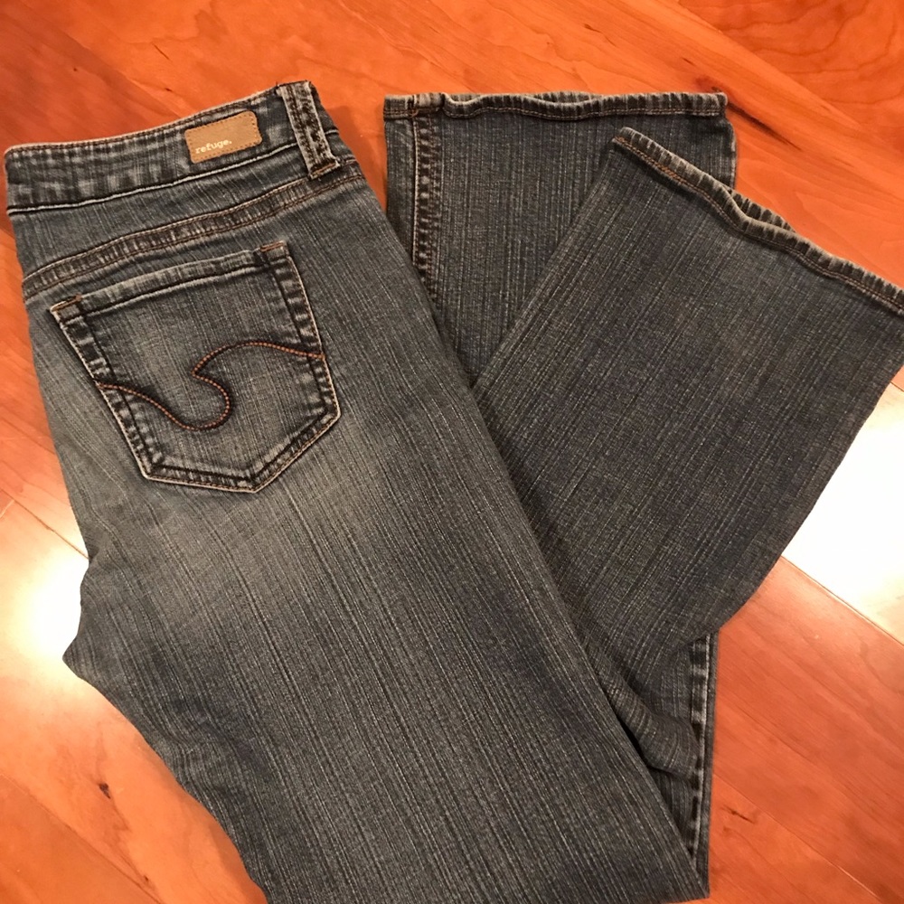 Refuge. Distressed bootcut blue jeans